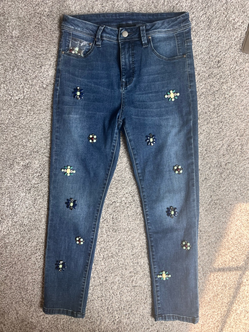 Frank Lyman Design Beaded Flower Skinny Jeans - Blue